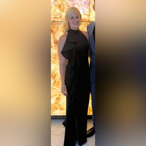 Elegant Navy Ruffled High Neck Dress